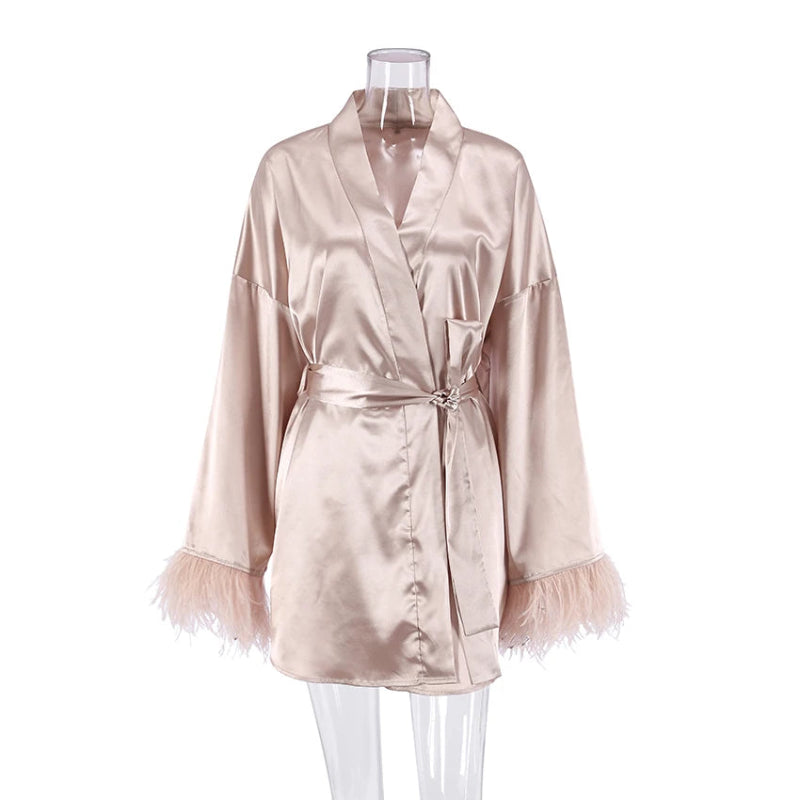 Peignoir de bain femme court-polyester-fausse-soie-manche-longue-mi-cuisse-motif-uni-col-V-absorbant-leger-moelleux-confortable-autome-ete-printemps-beige