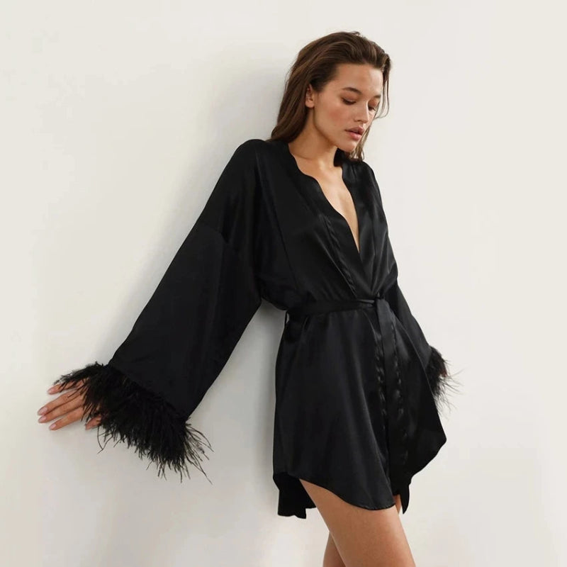 Peignoir de bain femme court-polyester-fausse-soie-manche-longue-mi-cuisse-motif-uni-col-V-absorbant-leger-moelleux-confortable-autome-ete-printemps-noir