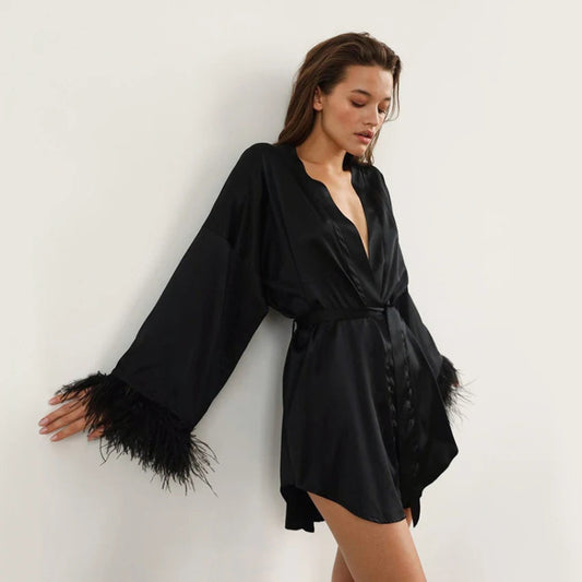 Peignoir de bain femme court-polyester-fausse-soie-manche-longue-mi-cuisse-motif-uni-col-V-absorbant-leger-moelleux-confortable-ete-autome-printemps-noir