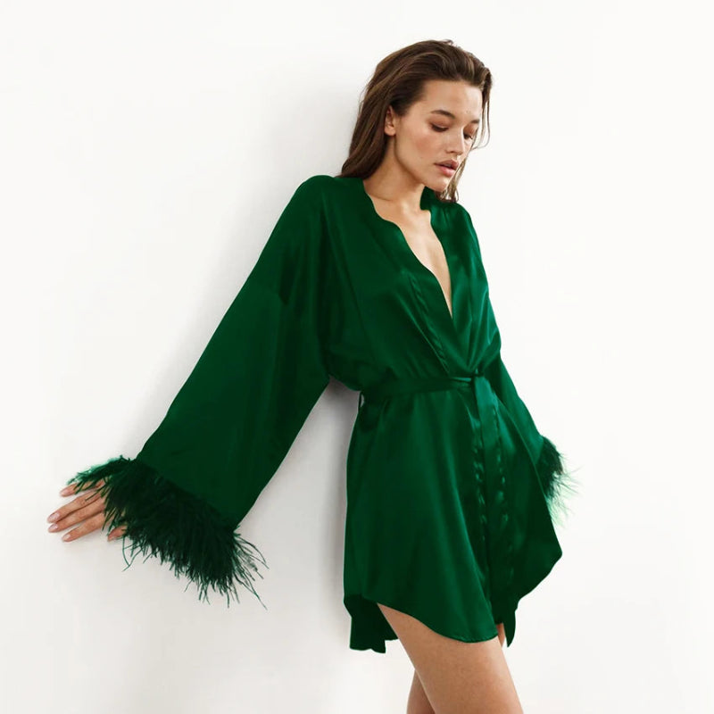 Peignoir de bain femme court-polyester-fausse-soie-manche-longue-mi-cuisse-motif-uni-col-V-absorbant-leger-moelleux-confortable-ete-autome-printemps-vert