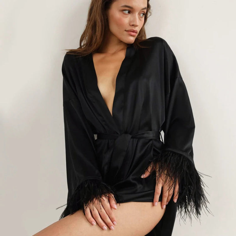 Peignoir de bain femme court-polyester-fausse-soie-manche-longue-mi-cuisse-motif-uni-col-V-absorbant-leger-moelleux-ete-confortable-autome-printemps-noir