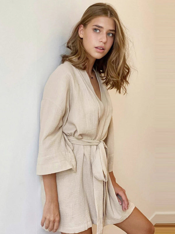 Peignoir de bain femme de qualité-manche-courte-col-chale-mi-cuisse-moelleux-confortable-epaisseur-normale-printemps-ete-beige