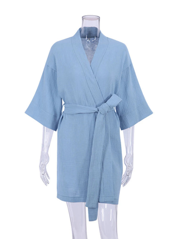 Peignoir de bain femme de qualite-manche-courte-col-chale-mi-cuisse-moelleux-confortable-ete-printemps-epaisseur-normale-bleu-ciel