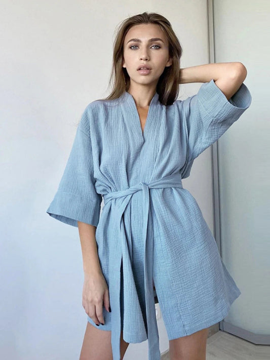 Peignoir de bain femme de qualité-manche-courte-col-chale-mi-cuisse-moelleux-confortable-epaisseur-normale-printemps-ete-bleu-ciel