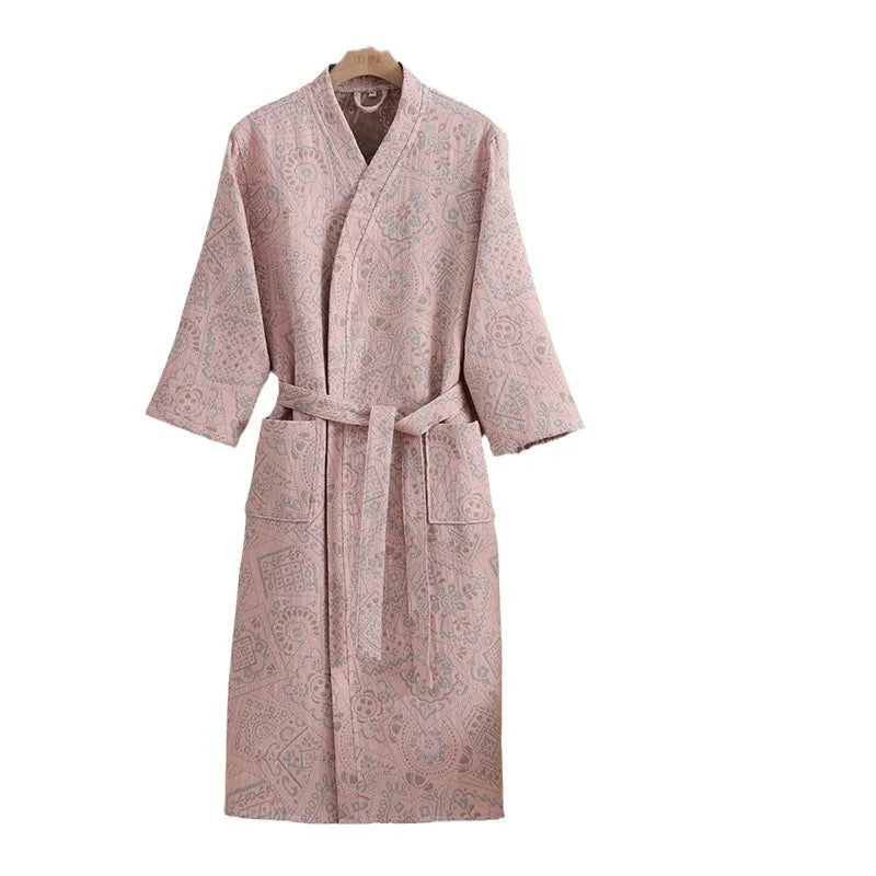 Peignoir de bain femme en coton-coton-col-manche-longue-epaisseur-normale-mi-mollet-motif-floral-ete-printemps-hiver-moelleux-confortable-bleu-ciel-rose