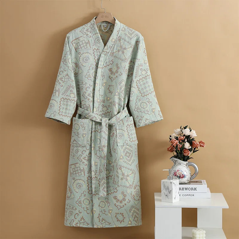 Peignoir de bain femme en coton-coton-col-manche-longue-epaisseur-normale-mi-mollet-motif-floral-ete-printemps-hiver-moelleux-confortable-bleu-ciel-vert-ciel