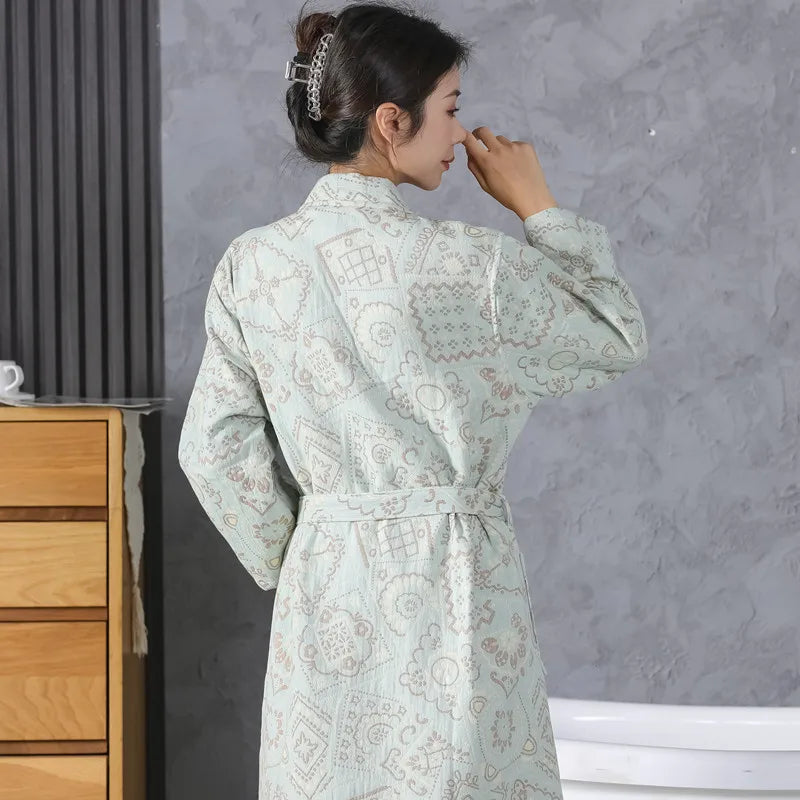 Peignoir de bain femme en coton-coton-col-manche-longue-epaisseur-normale-mi-mollet-motif-floral-ete-printemps-hiver-moelleux-confortable-bleu-ciel