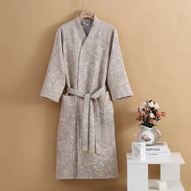 Peignoir de bain femme en coton-coton-col-manche-longue-epaisseur-normale-mi-mollet-motif-floral-ete-printemps-hiver-moelleux-confortable-gris