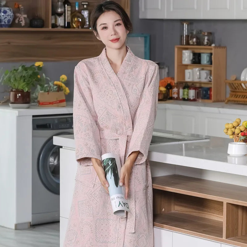 Peignoir de bain femme en coton-coton-col-manche-longue-epaisseur-normale-mi-mollet-motif-floral-ete-printemps-hiver-moelleux-confortable-rose
