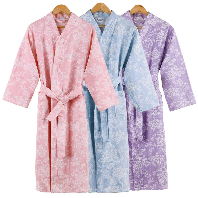 Peignoir de bain femme excellente qualité-coton-satine-forme-kimono-manche-longue-epais-mi-mollet-printemps-automne-col-chale-motif-floral-bleu-violet-rose