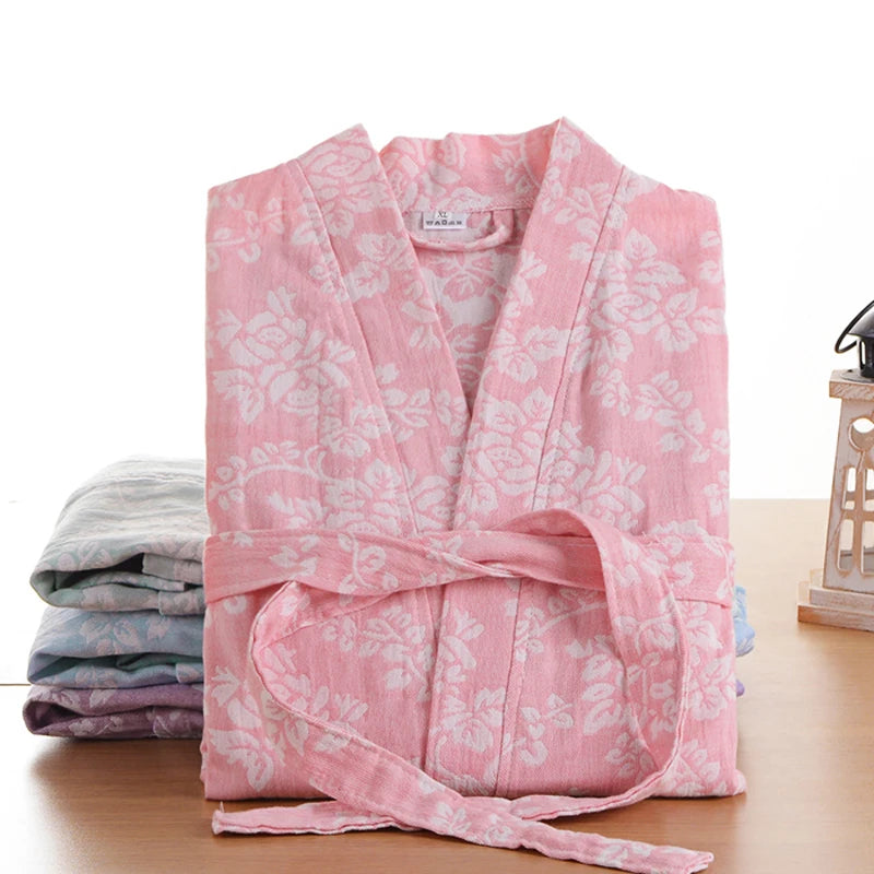 Peignoir de bain femme excellente qualité-coton-satine-forme-kimono-manche-longue-epais-mi-mollet-printemps-automne-col-chale-motif-floral-rose