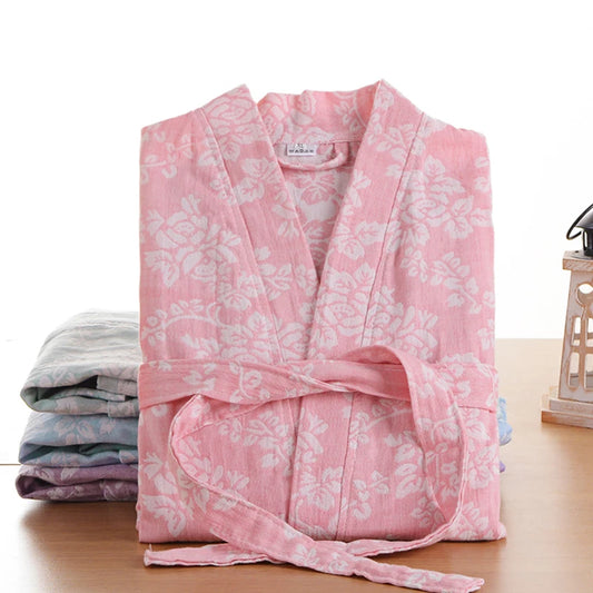 Peignoir de bain femme excellente qualité-coton-satine-forme-kimono-manche-longue-epais-mi-mollet-printemps-automne-col-chale-motif-floral-rose