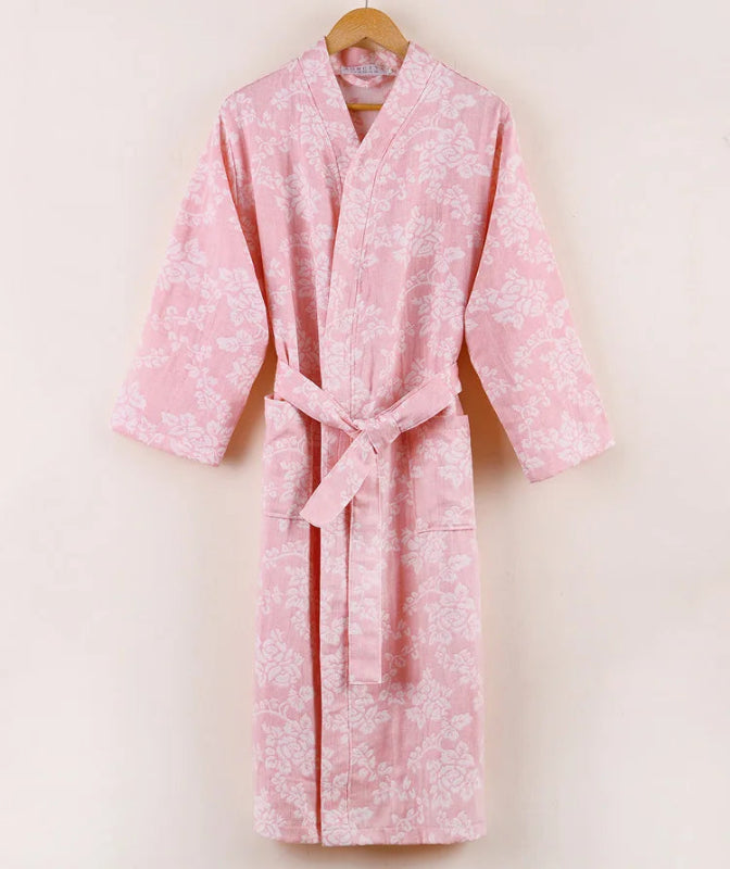 Peignoir de bain femme excellente qualité-coton-satine-forme-kimono-manche-longue-epais-mi-mollet-printemps-automne-rayure-carreaux-col-chale-ete-motif-floral-blanc-rose