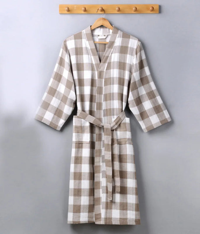 Peignoir de bain femme excellente qualité-coton-satine-forme-kimono-manche-longue-epais-mi-mollet-printemps-automne-rayure-carreaux-col-chale-motif-floral-blanc-gris