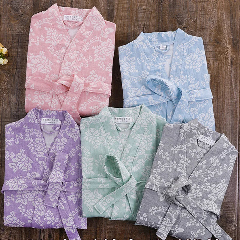 Peignoir de bain femme excellente qualité-coton-satine-forme-kimono-manche-longue-epais-mi-mollet-printemps-automne-rayure-carreaux-col-chale-motif-floral-bleu-violet-gris-violet-bleu