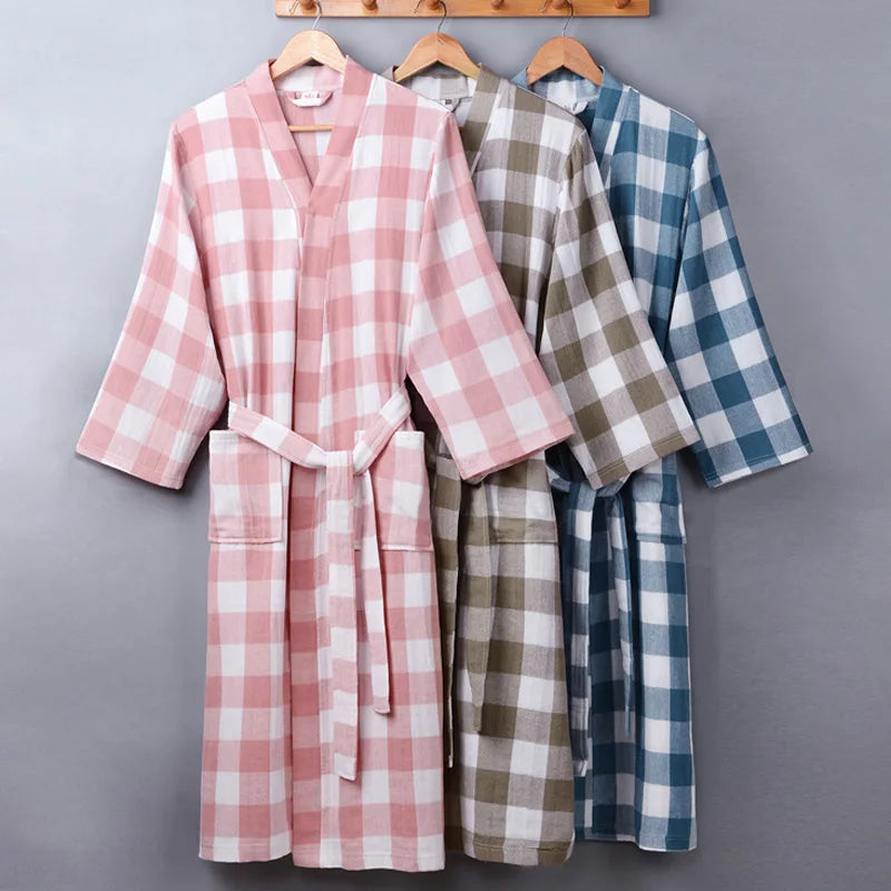 Peignoir de bain femme excellente qualité-coton-satine-forme-kimono-manche-longue-epais-mi-mollet-printemps-automne-rayure-carreaux-col-chale-motif-floral-bleu-violet-rose-blaeu-marron-blanc