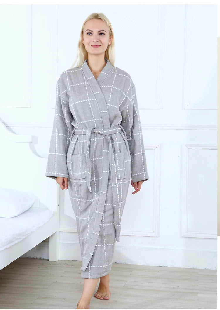 Peignoir de bain femme excellente qualité-coton-satine-forme-kimono-manche-longue-epais-mi-mollet-printemps-automne-rayure-carreaux-col-chale-motif-floral-gris-blanc