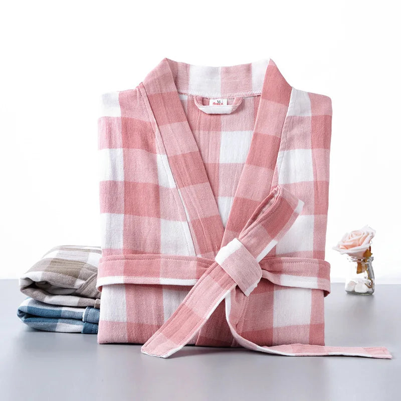 Peignoir de bain femme excellente qualité-coton-satine-forme-kimono-manche-longue-epais-mi-mollet-printemps-automne-rayure-carreaux-col-chale-motif-floral-rose-blanc