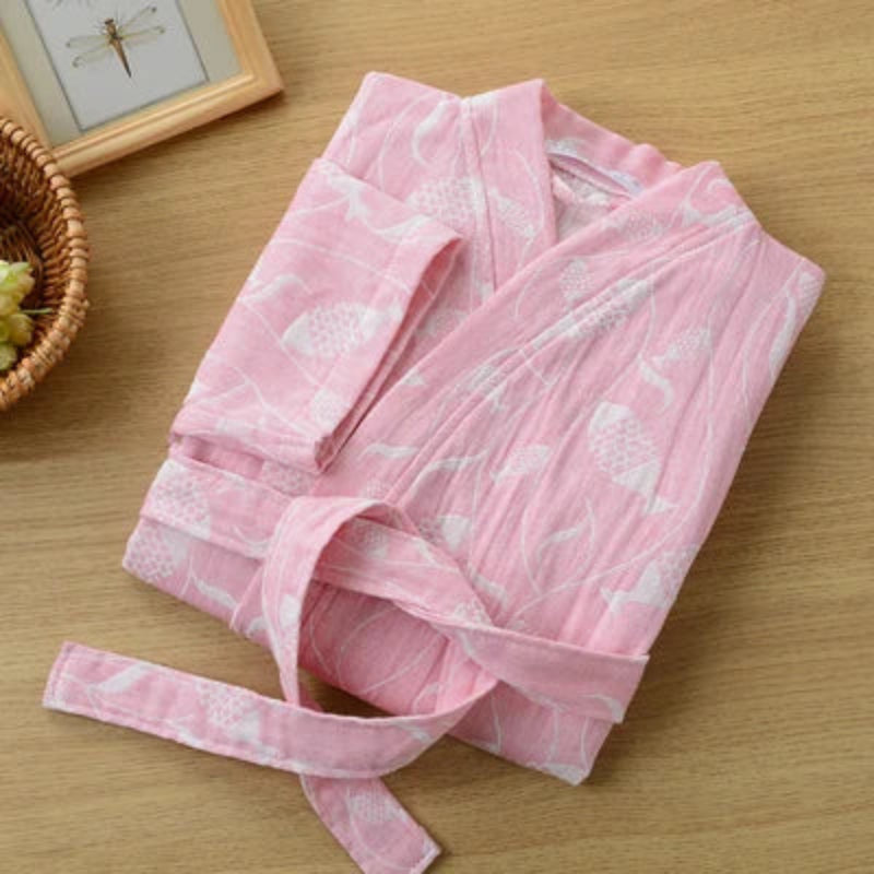 Peignoir de bain femme excellente qualité-coton-satine-forme-kimono-manche-longue-epais-mi-mollet-printemps-automne-rayure-carreaux-ete-col-chale-motif-floral-blanc-rose