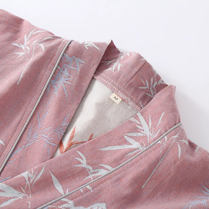 Peignoir de bain femme extra doux-coton-forme-kimono-manche-longue-epaisseur-normale-col-chale-moelleux-confortable-absorbant-ete-printemps-automne-rose