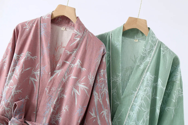 Peignoir de bain femme extra doux-coton-forme-kimono-manche-longue-epaisseur-normale-col-chale-moelleux-confortable-absorbant-ete-printemps-automne-vert-rose
