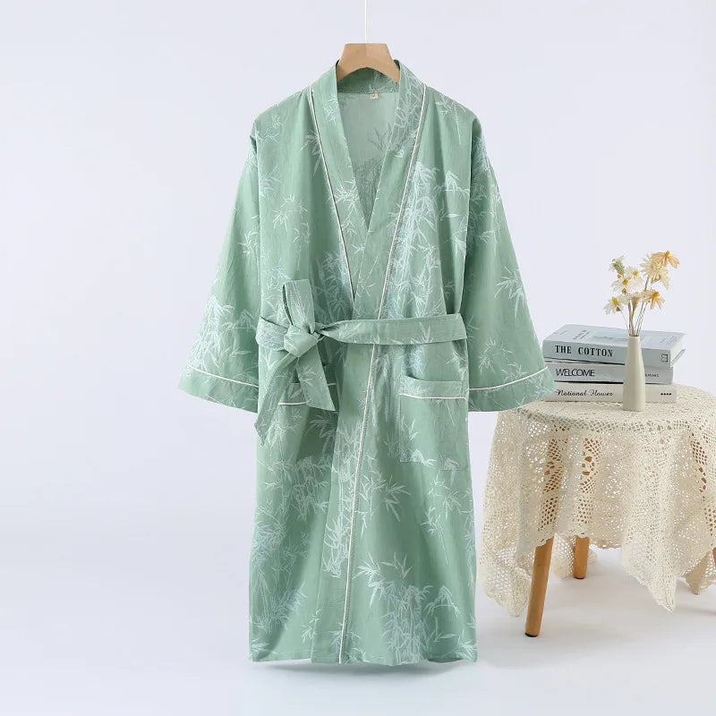 Peignoir de bain femme extra doux-coton-forme-kimono-manche-longue-epaisseur-normale-col-chale-moelleux-confortable-absorbant-ete-printemps-automne-vert