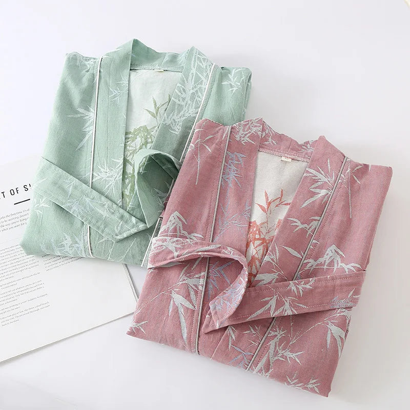 Peignoir de bain femme extra doux-coton-forme-kimono-manche-longue-epaisseur-normale-col-chale-moelleux-confortable-absorbant-printemps-ete-automne-vert-rose