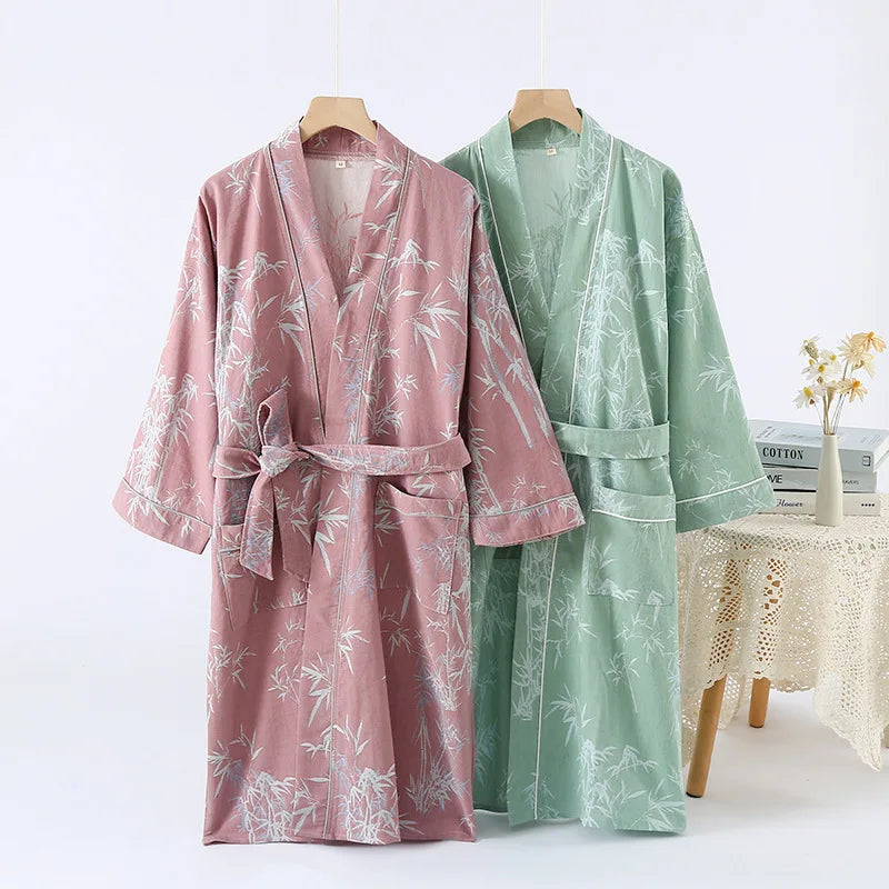 Peignoir_de_bain_femme_extra_doux-coton-forme-kimono-manche-longue-epaisseur-normale-motif-floral-col-chale-moelleux-confortable-absorbant-printemps-ete-automne-rose-vert