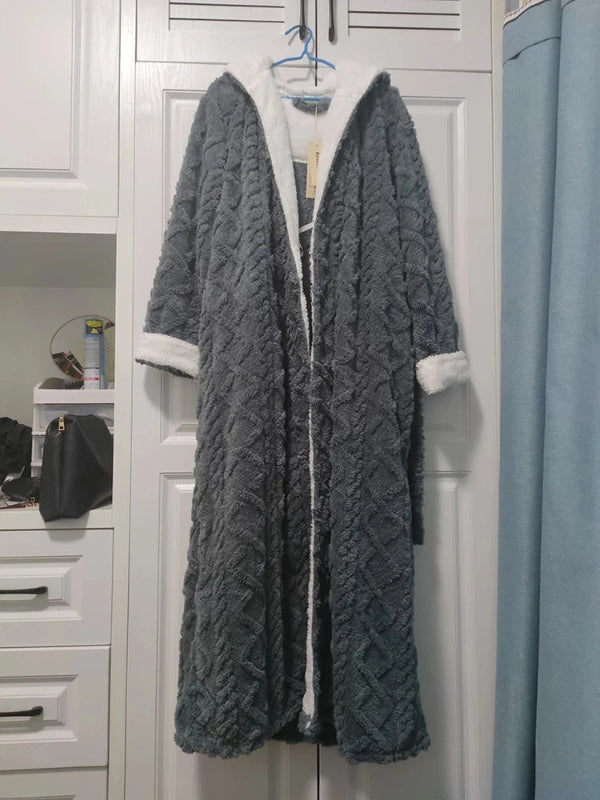 Peignoir de bain femme extra long-flanelle-polyester-col-chale-manche-longue-epais-longueur-cheville-poche-laterale-moelleux-confortable-absorbant-hiver-blanc-gris