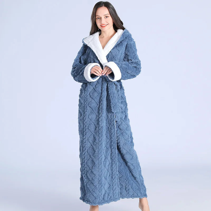 Peignoir de bain femme extra long-flanelle-polyester-col-chale-manche-longue-epais-longueur-cheville-poche-laterale-moelleux-confortable-absorbant-hiver-bleu-blanc