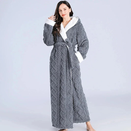 Peignoir de bain femme extra long-flanelle-polyester-col-chale-manche-longue-epais-longueur-cheville-poche-laterale-moelleux-confortable-absorbant-hiver-girs-blanc