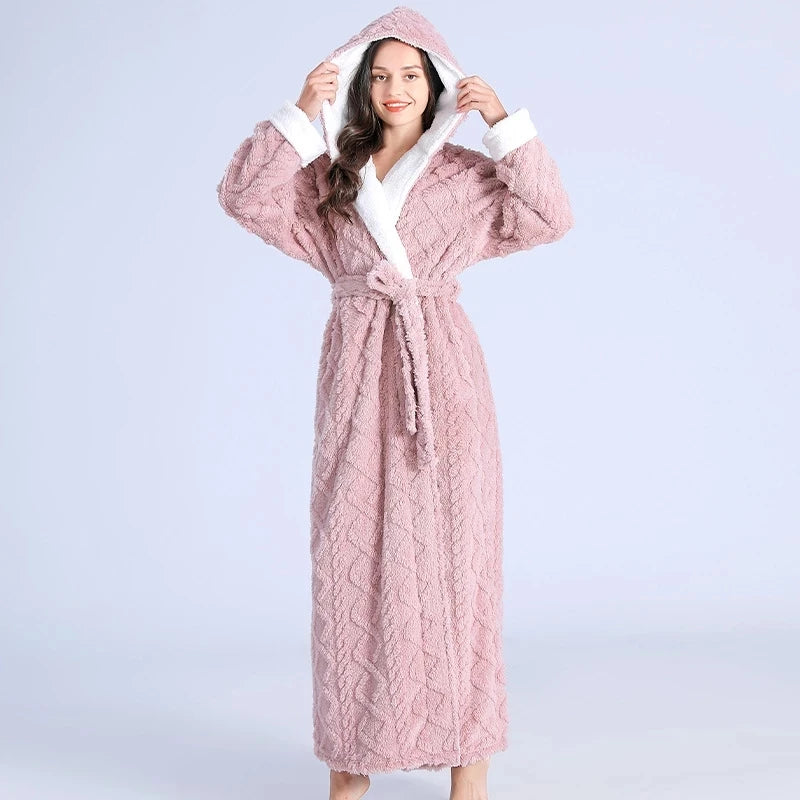 Peignoir de bain femme extra long-flanelle-polyester-col-chale-manche-longue-epais-longueur-cheville-poche-laterale-moelleux-confortable-absorbant-hiver-rose-blanc