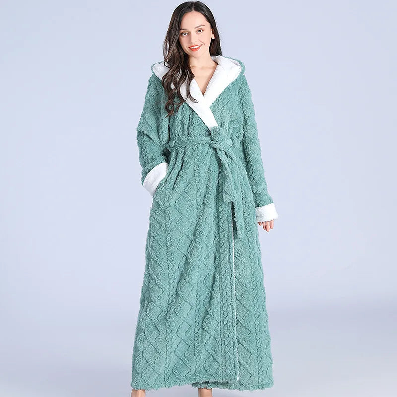 Peignoir de bain femme extra long-flanelle-polyester-col-chale-manche-longue-epais-longueur-cheville-poche-laterale-moelleux-confortable-absorbant-hiver-vert-blanc