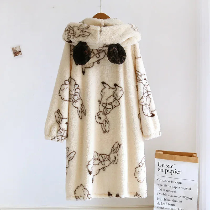 Peignoir de bain femme fantaisie-flanelle-polyester-capuche-forme-animale-motif-animal-manche-longue-mi-genou-epais-absorbant-moelleux-confortable-hiver-blanc-marron