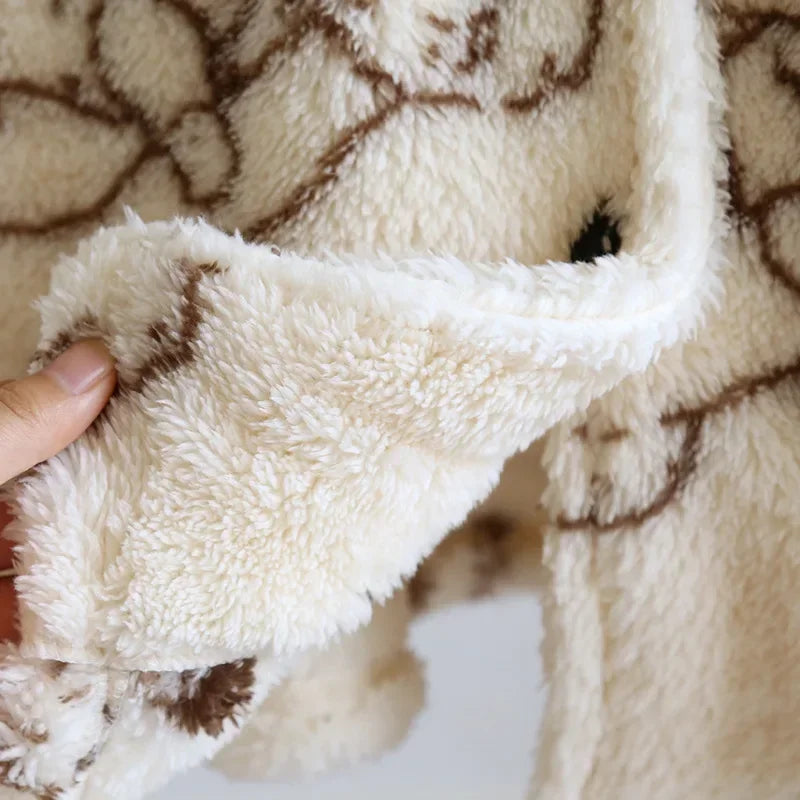 Peignoir de bain femme fantaisie-flanelle-polyester-capuche-forme-animale-motif-animal-manche-longue-mi-genou-epais-absorbant-moelleux-hiver-confortable-blanc-marron