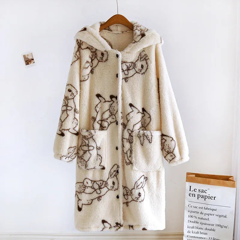 Peignoir de bain femme fantaisie-flanelle-polyester-capuche-forme-animale-motif-animal-manche-longue-mi-genou-epais-hiver-absorbant-moelleux-confortable-marron-blanc