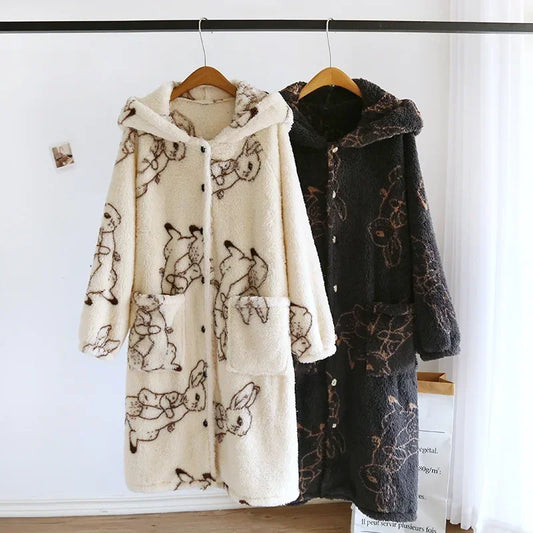Peignoir de bain femme fantaisie-flanelle-polyester-capuche-motif-animal-manche-longue-mi-genou-epais-absorbant-moelleux-confortable-hiver-blanc-marron