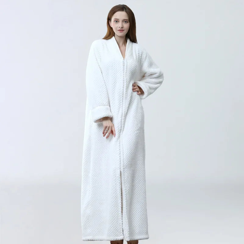 Peignoir de bain femme fermeture-corail-flanelle-polyester-epais-absorbant-col-chale-fermeture-manche-longue-poches-laterales-epais-longueur-cheville-hiver-blanc