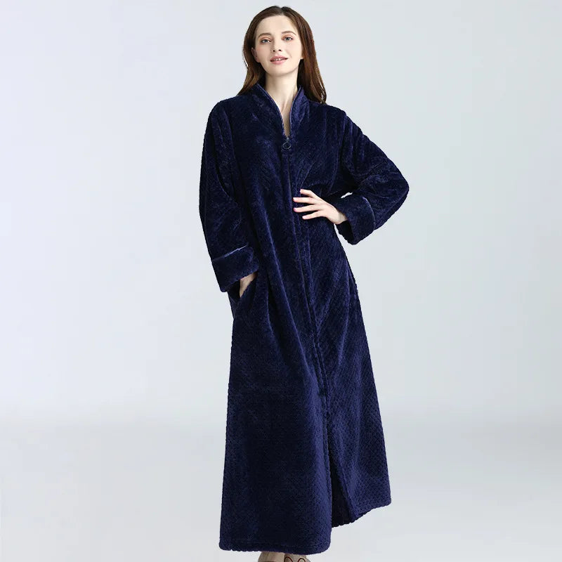 Peignoir de bain femme fermeture-corail-flanelle-polyester-epais-absorbant-col-chale-fermeture-manche-longue-poches-laterales-epais-longueur-cheville-hiver-bleu-marine