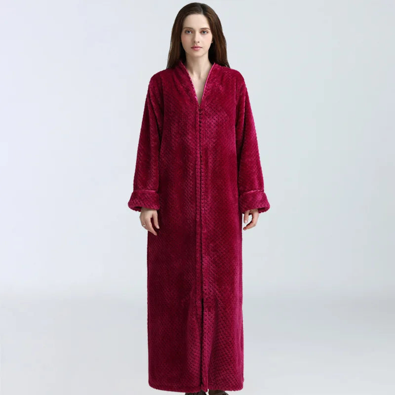 Peignoir de bain femme fermeture-corail-flanelle-polyester-epais-absorbant-col-chale-fermeture-manche-longue-poches-laterales-longueur-cheville-epais-hiver-rouge-bordeaux