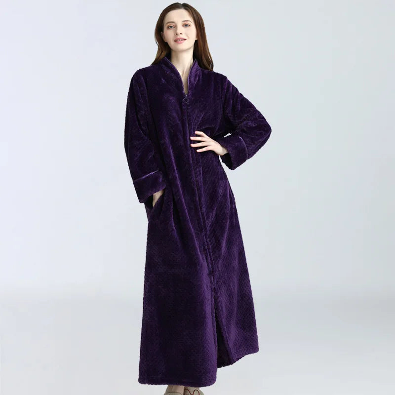 Peignoir de bain femme fermeture-corail-flanelle-polyester-epais-absorbant-col-chale-fermeture-manche-longue-poches-laterales-longueur-epais-cheville-hiver-violet