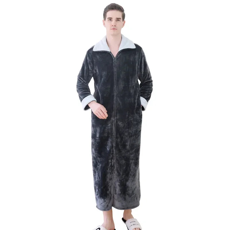 Peignoir de bain femme fermeture eclair-velour-corail-flanelle-absorbant-col-chale-fermeture-manche-longue-epais-longueur-cheville-hiver-printemps-blanc-gris-fonce