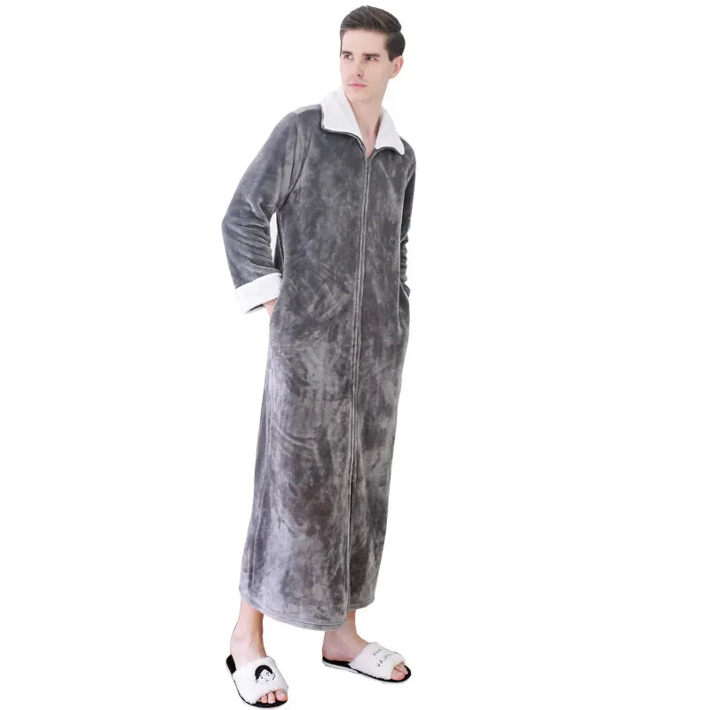 Peignoir de bain femme fermeture eclair-velour-corail-flanelle-absorbant-col-chale-fermeture-manche-longue-epais-longueur-cheville-hiver-printemps-blanc-gris