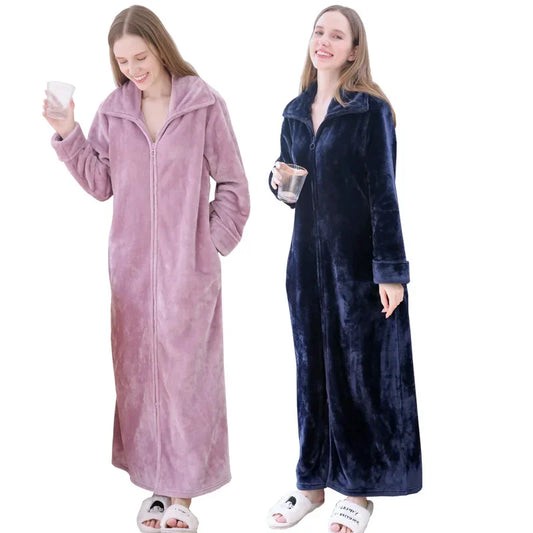 Peignoir de bain femme fermeture eclair-velour-corail-flanelle-absorbant-col-chale-fermeture-manche-longue-epais-longueur-cheville-hiver-printemps-bleu-marine
