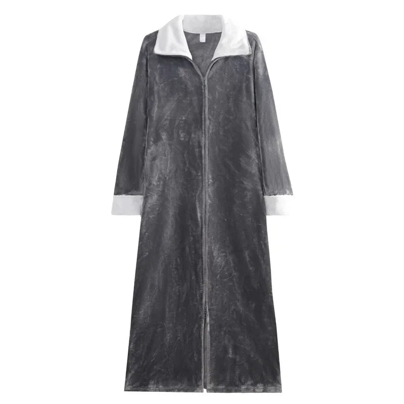 Peignoir de bain femme fermeture eclair-velour-corail-flanelle-absorbant-col-chale-fermeture-manche-longue-epais-longueur-cheville-hiver-printemps-gris-blanc
