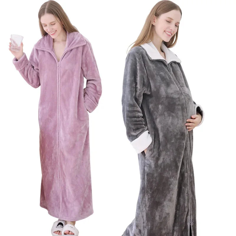 Peignoir de bain femme fermeture eclair-velour-corail-flanelle-absorbant-col-chale-fermeture-manche-longue-epais-longueur-cheville-hiver-printemps-gris-violet