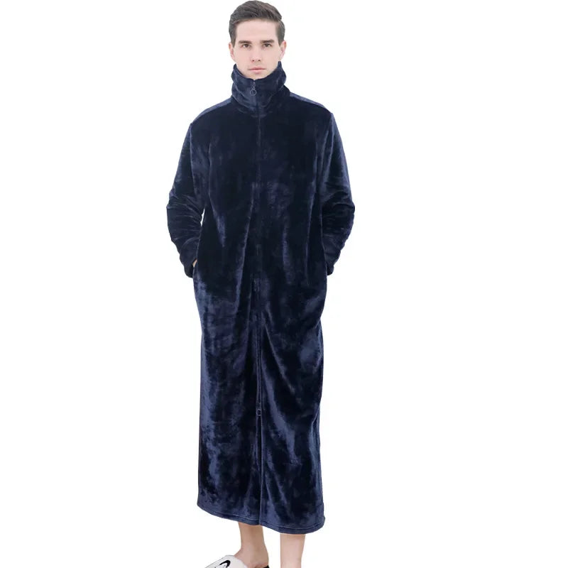 Peignoir de bain femme fermeture eclair-velour-corail-flanelle-absorbant-col-chale-fermeture-manche-longue-epais-longueur-cheville-printemps-hiver-bleu-marine