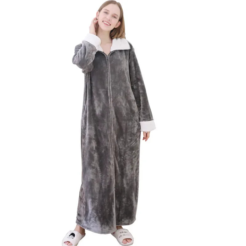 Peignoir de bain femme fermeture eclair-velour-corail-flanelle-absorbant-col-chale-fermeture-manche-longue-epais-longueur-cheville-printemps-hiver-gris-blanc