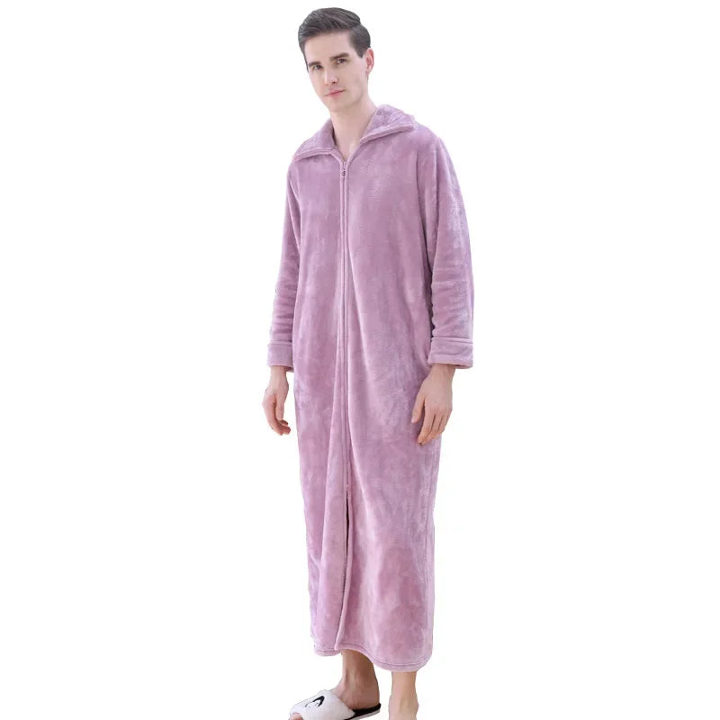 Peignoir de bain femme fermeture eclair-velour-corail-flanelle-absorbant-col-chale-fermeture-manche-longue-epais-longueur-cheville-printemps-hiver-rose