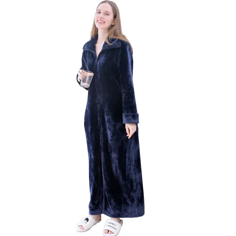 Peignoir de bain femme fermeture eclair-velour-corail-hiver-flanelle-absorbant-col-chale-fermeture-manche-longue-epais-longueur-cheville-printemps-bleu-marine